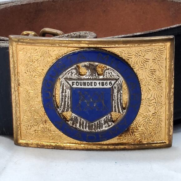 1930s Augusta US Military Academy Belt and Buckle Inscribed Gold Tone 33.5" - Picture 8 of 9